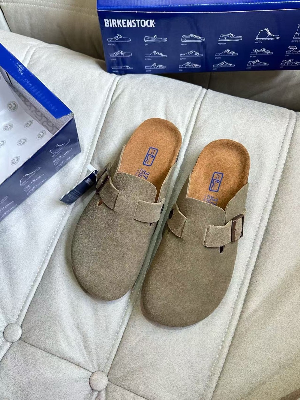 Birkenstock Boston taupe suede mule clogs